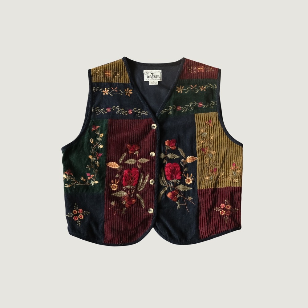 TanTrums Vest Patchwork Corduroy Floral Embroidered Button Front Multicolor S